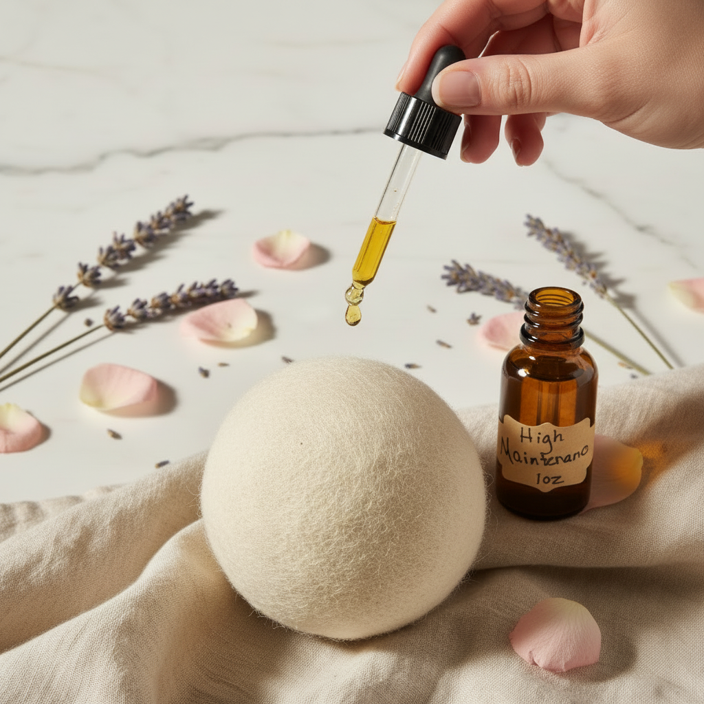 Fragrance oil dropper applying oil onto a wool dryer ball on marble surface