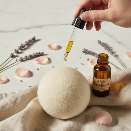 Fragrance oil dropper applying oil onto a wool dryer ball on marble surface